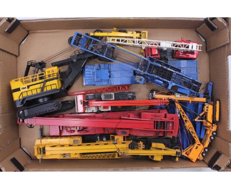 One tray containing a quantity of mixed scale earth moving diecast and white metal mobile cranes, to include a Grove 6-axle m