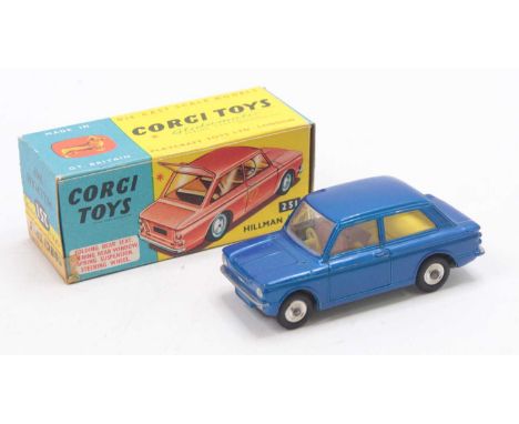 Corgi Toys No. 251 Hillman Imp comprising metallic blue body with yellow interior and spun hubs complete with original suitca