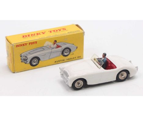 French Dinky 546 Austin Healey 100 sports car, matt white body, red interior with driver and wind-shield, 3 spoke steering wh