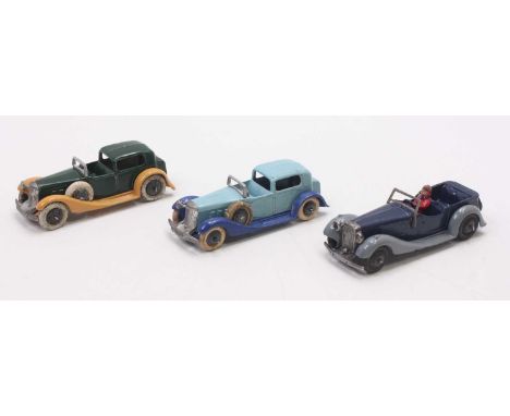 Dinky Toys Pre and Post War Repainted Group, 3 examples, to include 2x No.24 Vogues Saloons, 1 in green and tan, the other tw