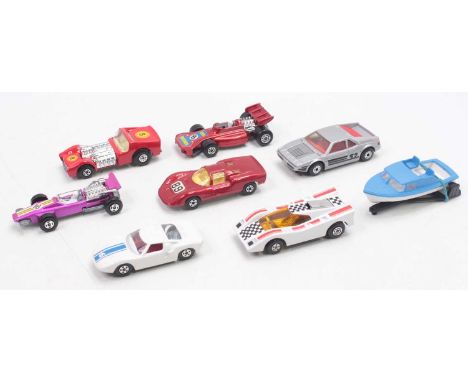 A collection of loose Matchbox Superfast diecast vehicles to include a Porsche 910, a Ford GT, finished in white with racing 