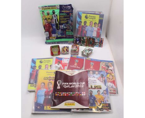 A tray of Panini football cards, loose and binder examples to include; Declan Rice, Kyle Walker, Trent Alexander-Arnold, Luis