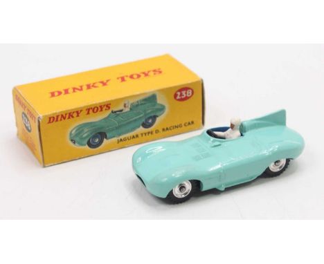 Dinky Toys 238 Jaguar D. Type Racing Car in Turquoise with silver spun hubs and metal steering wheel, housed in the original 