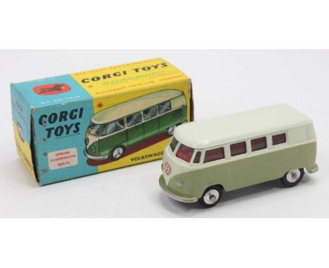 Corgi Toys No. 434 Volkswagen Kombi, comprising of two-tone green body with red interior and spun hubs, housed in the origina