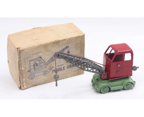 Charbens Mobile Crane, comprising green base and wheels, with red can and base metal boom arm, with original hook and housed 
