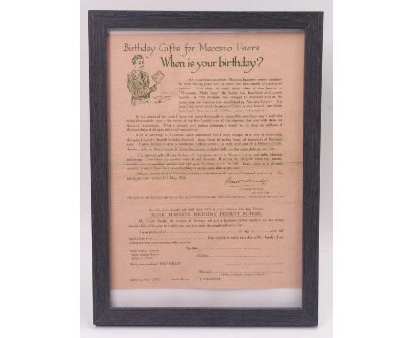 Original dated 1924 "Birthday Gifts" flyer from Meccano, detailing a prize competition ran during 1924 to win a Meccano Walle
