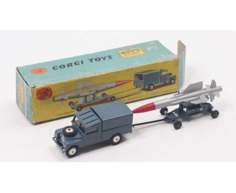 Corgi Toys Gift Set No. 3 'Thunderbird' guided missile on assembly trolley and RAF Land Rover, silver missile with red rubber