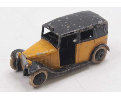 Dinky Pre-War 36g Austin "Taxi" - two-tone yellow, black including base, interior, figure driver and smooth hubs with white t