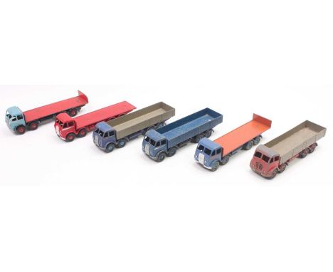 Dinky Toys group of 6 Loose and playworn Foden 8-wheel wagons to include; 502 Flat Bed in red body with matching ridged hubs,