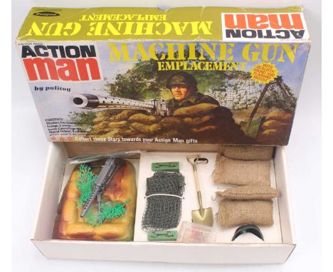 An Action Man Palitoy Machine Gun Emplacement housed in the original card box. Includes 4 sandbags, camouflage net, 2 ammo bo