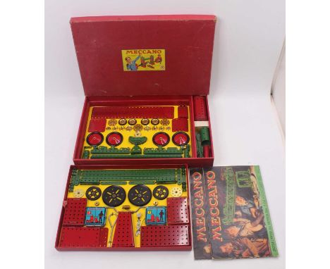 Meccano No.7 Outfit, red and green components, re-strung in original red labelled card box, excellent condition with manuals