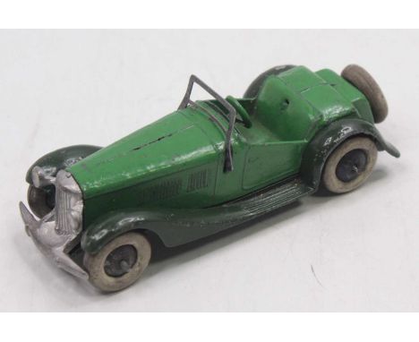 Dinky Toys Pre-war 36e British Salmson 2-seater Sports Car with driver - two-tone green, black smooth hubs and white tyres, r