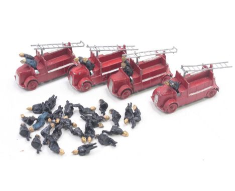 Charbens group of 4 fire engines, in red, with eight crew each, a silver ladder, and a ladder support bracket. All are unboxe