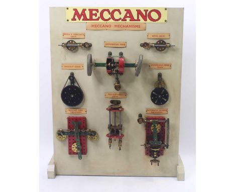 Meccano display model Mechanism Board. 1950's version mounted on a light green painted board measuring 46cm x 61cm. This disp