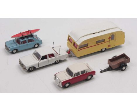 A collection of loose Spot-On diecast vehicles to include an 18' Tourist Caravan, a Ford Zephyr 6, Police car, Morris 1100 wi