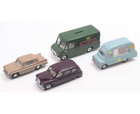A collection of four various playworn and repainted Triang Spot-On Models to include Bedford Walls Ice cream van, an Austin T