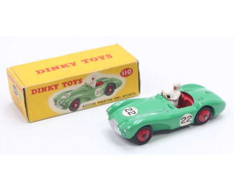 Dinky Toys No. 110 Aston Martin DB3 Sports in green body with red interior and matching rigid hubs, racing No. 22, with white