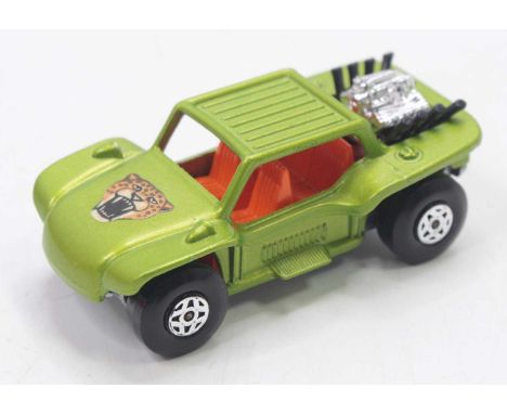 A Matchbox Superfast No. 13 Baja Buggy comprising metallic green body with orange interior, and spotted cat label to bonnet, 