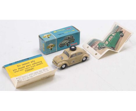 Triang Spot On No.195 Volkswagen Racing Car, comprising tan body with white interior and spun hubs, housed in the original ca