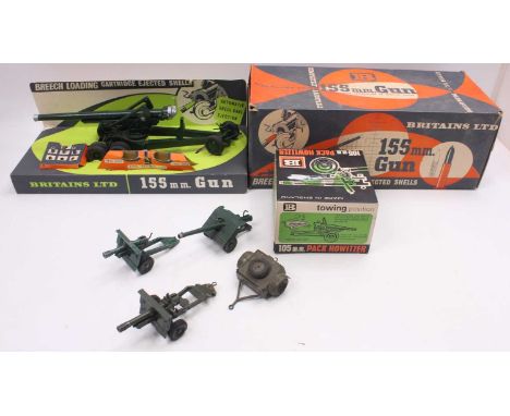 Britains/Crescent group of 5 military examples to include; No.9745 155m Gun with three shells, an empty box for a No.9724 105