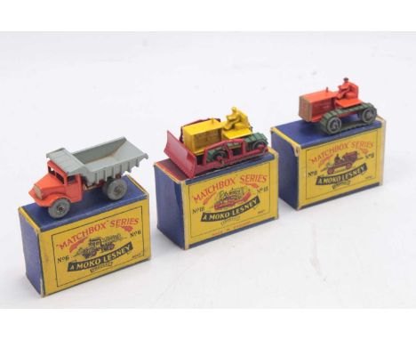 Matchbox 1/75 series group of 3 worn diecasts to include; No.8 Caterpillar Tractor in orange body, No.18 Caterpillar Dozer in