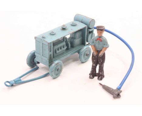 Morestone Compressor set comprising of blue four wheeled compressor with pneumatic drill and standing figure, complete with d