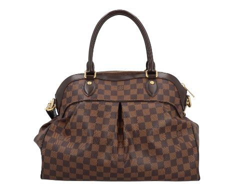 LOUIS VUITTON Handtasche "TREVI GM". Koll. 2009. Damier Ebene Serie mit dunkelbraunem Glattleder und goldfarbener Hardware. K