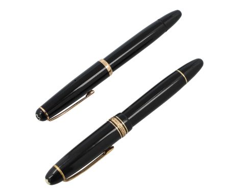 MONTBLANC VINTAGE Schreib-Set "MEISTERSTÜCK". Zwei Füller (3-42G & OB) aus schwarzem Edelharz mit vergoldeten Details, GG/GW 