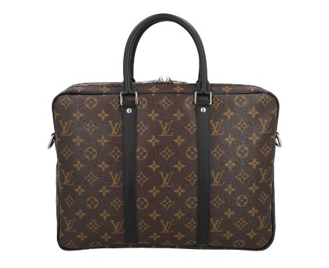LOUIS VUITTON Aktentasche "PORTE DOCUMENT". Koll. 2016. Monogram Canvas Serie mit Details aus schwarzem Glattleder und silber