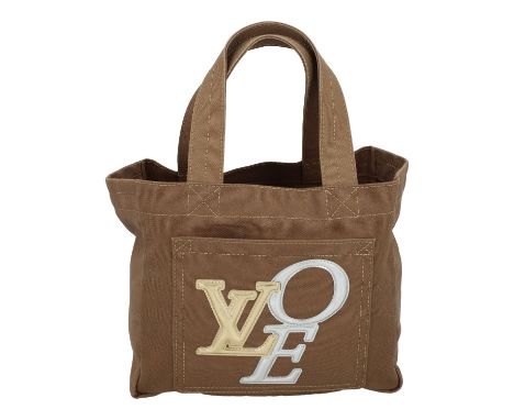LOUIS VUITTON Handtasche "CAVAS TOILE LOVE". Koll. 2007. Tasche aus Textil in Khaki mit LV-Love Applikation in Gold und Silbe