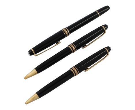 MONTBLANC Set Schreibgeräte "MEISTERSTÜCK". Set bestehend aus drei Schreibgeräten (2x Drehkugelschreiber, 1x Füller (Deckel d