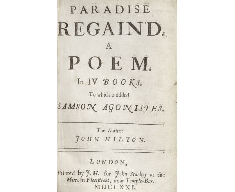 MILTON (JOHN)Paradise Regain'd. A Poem in IV Books. To Which is Added Samson Agonistes, FIRST EDITION,  with the statement of