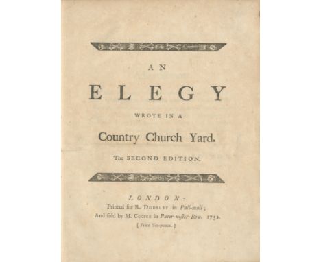 GRAY (THOMAS)An Elegy Wrote in a Country Church Yard,  second edition, title between wide woodcut rules decorated with emblem