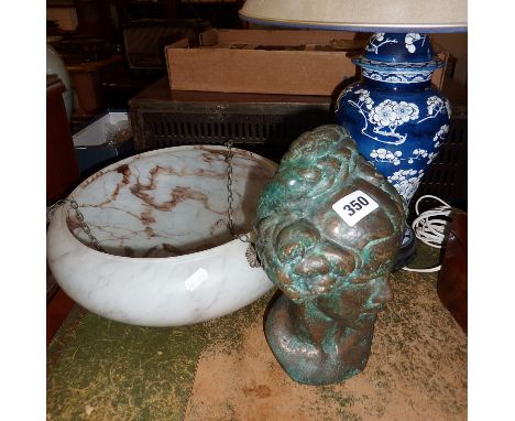 Bronze lady's head bust, Art Deco marbled glass light shade and Chinese style blue and white porcelain table lamp with wooden