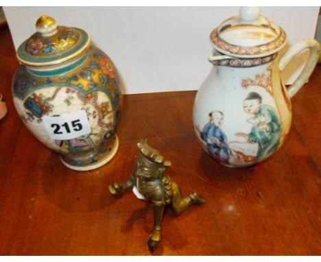 Chinese lidded jar (with Chinese wedding note), a Chinese lidded jug and an Indian bronze figure