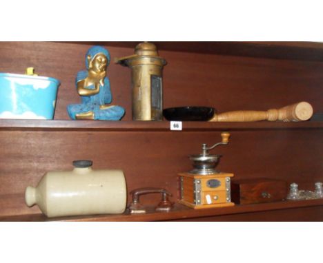 Assorted items including coffee mill, small Victorian walnut stationery box, brass lamp, a glass inkstand souvenir of Eastern
