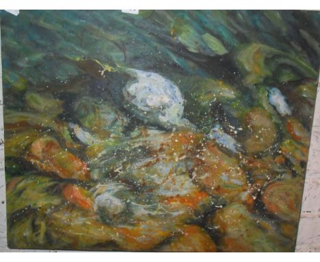 Contemporary abstract oil on canvas of boulder shapes and splattering, unsigned