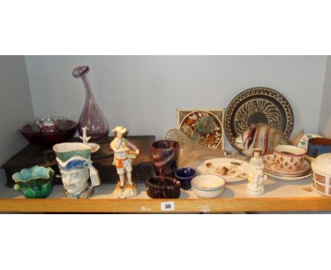 Shelf of assorted china etc including two Staffs figurines