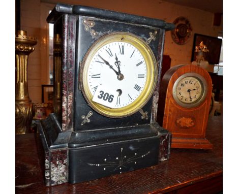Victorian marble mantle clock and a small Edwardian inlaid mahogany dome topped mantle clock