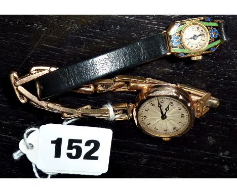 A ladies 18ct gold Art Deco cloisonne enamel cocktail watch and another 9ct.