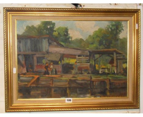 Maud K. Johnston, an impressionistic riverside scene with figures titled verso "Some shacks on Miami River, Florida"