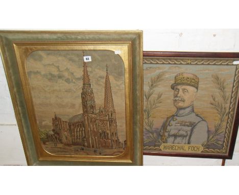 Continental tapestry portrait of Marshall Foch (Marechal Foch), and a Continental tapestry picture of Chartres Cathedral