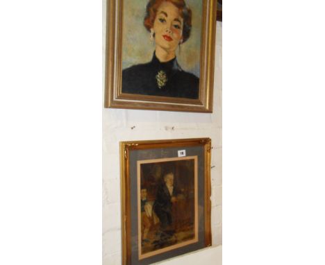 1950s oil portrait of a glamorous lady, an oil on board of Christ, and a humorous oil painting of a butler, signed J.J. Halme