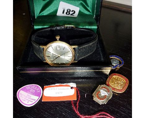 Rotary man's watch in case, and some enamel badges