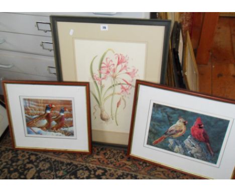 Botanical print (234/350) by Jenny Jowitt, a colour print of birds by Terry Doughty, and a colour print of pheasants by R. Me