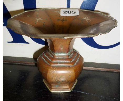 Chinese bronze spittoon inlaid with silver flowers, approx. 4.5" high