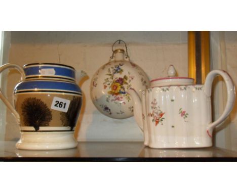 19th c. Mocha ware jug (chipped spout), and 18th c. New Hall china teapot, pattern 191 having scattered flowers design (A/F) 