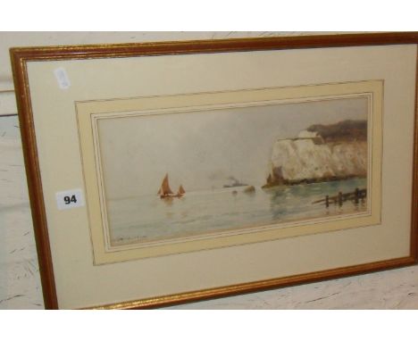 R. Esdaile Richardson (b.1897-?) watercolour of fishing boat and battle ship off Isle of Wight, signed lower left, 13" x 21" 