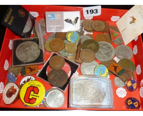 Assorted coins, enamel badges inc. Butlins etc.