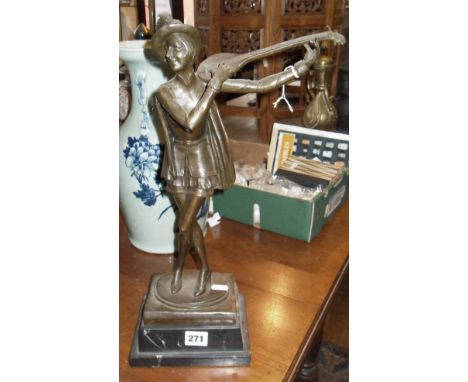 Art Deco bronze figure of a lady in a feathered hat playing a mandolin after Paul Phillips 1930
